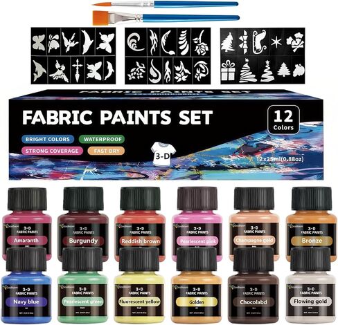 Fabric Paint Set, 12 Vibrant Colors Permanent Textile Paint (25ml/0.88oz) with Brushes & Stencils, Non-Toxic Water-Based Paint for T-Shirts, Bags & DIY Art Projects in Kuwait