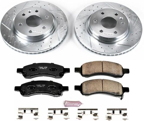 طقم فرامل أمامية PowerStop لـ Buick Enclave 2008-17 |Chevrolet Traverse 2009-17 |GMC Acadia 2007-16 - وسادات فرامل سيراميك من ألياف الكربون للشاحنة والسحب + ترقية الدوارات المحفورة والمشقوقة، K4657-36 in Kuwait