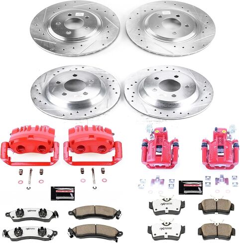 طقم فرامل أمامية وخلفية PowerStop لسيارة Ford Mustang 1999 | Mustang 2001 | Mustang 2003-04 - دوارات قرصية محفورة ومشقوقة + وسادات فرامل سيراميك من ألياف الكربون + الفرجار المطلي بمسحوق أحمر، KC1305C-26 in Kuwait