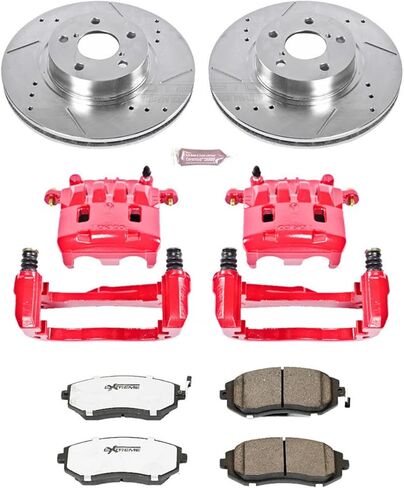 طقم فرامل أمامية PowerStop لـ Saab 9-2X 2005-06 |Subaru Impreza 2002-10 |Legacy 2002-04 - دوارات قرصية محفورة ومشقوقة + وسادات فرامل سيراميك من ألياف الكربون + فرجار مطلي بمسحوق أحمر، KC1124-26 in Kuwait