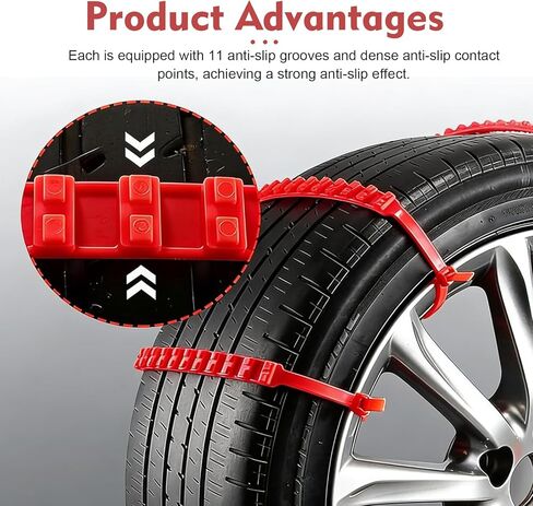 10 PCS Car Tire Snow Chains, Adjustable Serrated Zip Tire Snow Straps, Emergency Non-slip Cadenas Para Llantas Para Nieve, Universal for Most Cars (Red) in Kuwait
