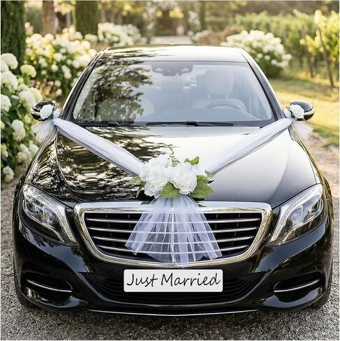 Wedding Car Decorations Set Just Married Car Decor with White Artificial Flowers Satin Ribbons Hood Bouquet Mirror Floral Vine Vehicle Accessories for Bridal Shower Honeymoon Ceremony in Kuwait
