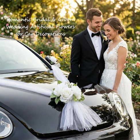 Wedding Car Decorations Set Just Married Car Decor with White Artificial Flowers Satin Ribbons Hood Bouquet Mirror Floral Vine Vehicle Accessories for Bridal Shower Honeymoon Ceremony in Kuwait