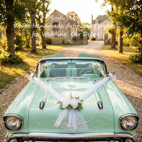 Wedding Car Decorations Set Just Married Car Decor with White Artificial Flowers Satin Ribbons Hood Bouquet Mirror Floral Vine Vehicle Accessories for Bridal Shower Honeymoon Ceremony in Kuwait