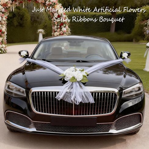Wedding Car Decorations Set Just Married Car Decor with White Artificial Flowers Satin Ribbons Hood Bouquet Mirror Floral Vine Vehicle Accessories for Bridal Shower Honeymoon Ceremony in Kuwait