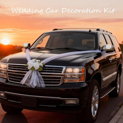 Wedding Car Decorations Set Just Married Car Decor with White Artificial Flowers Satin Ribbons Hood Bouquet Mirror Floral Vine Vehicle Accessories for Bridal Shower Honeymoon Ceremony in Kuwait