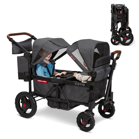 Radio Flyer Voya 2.0 XT 4-Seat Stroller Wagon, for Kids 6+ Months, Lightweight, Compact, Foldable, UV Canopy, Included Storage, Raised Folding Seats, Zippered Doors, Stroller Wagon for Kids in Kuwait