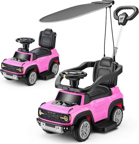 First Ride On Licensed Ford Bronco Raptor 3-in-1 Toddler Push Car, Toddler Ride on Toy, Baby Push Car for Toddler 1-3 Girl w/Canopy, Adjustable Handle, Rail, Horn and Music, Stroller Substitute (Pink) in Kuwait