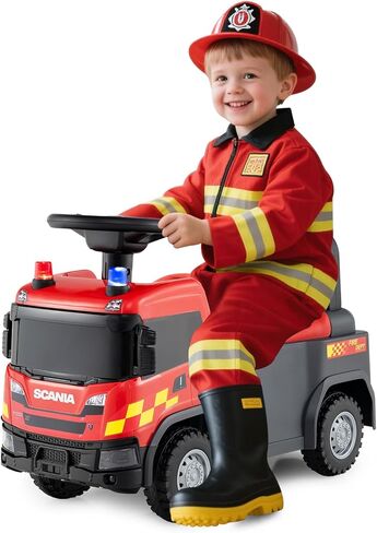 HONEY JOY Ride On Fire Truck، سيارة دفع سكانيا مرخصة، ضوء وصوت، تخزين تحت المقعد، لا توجد قوة للركوب على الأرض للأطفال الأولاد والبنات هدية (أحمر) in Kuwait