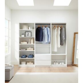 White Freestanding Walk-in Wood Closet System with Adjustable Shelves and Hanging Rods for Bedroom Organization in Saudi Arabia