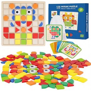 Wooden Pattern Blocks Set 120 Pcs Geometric Shapes Puzzle Classic Montessori Educational Tangram Toys with 24 Design Cards for 4-8 Year Old Kids in Kuwait