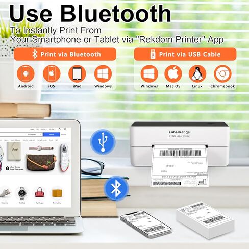 طابعة ملصقات التجارة الإلكترونية LabelRange 4x6، طابعة ملصقات الشحن الحراري، تدعم Amazon، USPS، Pirate Ship، Shopify، Poshmark، اتصال Bluetooth وUSB in Kuwait