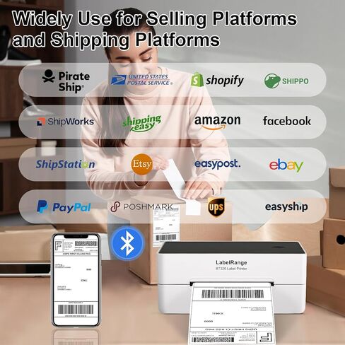 طابعة ملصقات التجارة الإلكترونية LabelRange 4x6، طابعة ملصقات الشحن الحراري، تدعم Amazon، USPS، Pirate Ship، Shopify، Poshmark، اتصال Bluetooth وUSB in Kuwait