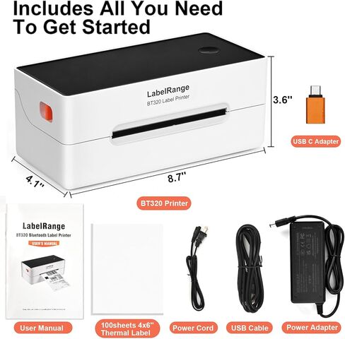 طابعة ملصقات التجارة الإلكترونية LabelRange 4x6، طابعة ملصقات الشحن الحراري، تدعم Amazon، USPS، Pirate Ship، Shopify، Poshmark، اتصال Bluetooth وUSB in Kuwait
