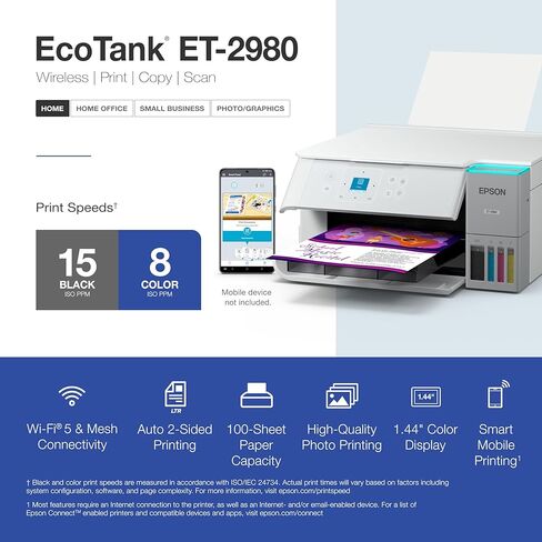طابعة Epson EcoTank ET-2980 اللاسلكية متعددة الإمكانات Supertank الملونة مع ما يصل إلى 3 سنوات من الحبر، وخزانات قابلة لإعادة التعبئة، مثالية للمنزل، 15 صفحة في الدقيقة، شاشة ملونة 1.44 بوصة، طباعة تلقائية على الوجهين - أبيض (متجدد) in Kuwait