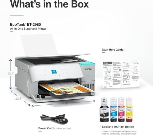 طابعة Epson EcoTank ET-2980 اللاسلكية متعددة الإمكانات Supertank الملونة مع ما يصل إلى 3 سنوات من الحبر، وخزانات قابلة لإعادة التعبئة، مثالية للمنزل، 15 صفحة في الدقيقة، شاشة ملونة 1.44 بوصة، طباعة تلقائية على الوجهين - أبيض (متجدد) in Kuwait
