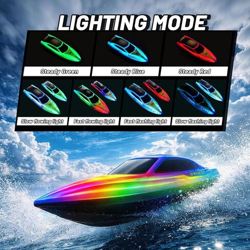 قارب RC مكون من قطعتين من قوارب التحكم عن بعد مع 7 أوضاع أضواء LED ملونة، قوارب RC مقاس 10 بوصة، سرعة عالية 15 كم/ساعة، جهاز تحكم عن بعد 2.4 جيجا هرتز، 3 أوضاع للسرعة، 4 بطاريات، للأطفال والكبار، سباقات حمام السباحة والبحيرة in Kuwait