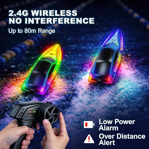 قارب RC مكون من قطعتين من قوارب التحكم عن بعد مع 7 أوضاع أضواء LED ملونة، قوارب RC مقاس 10 بوصة، سرعة عالية 15 كم/ساعة، جهاز تحكم عن بعد 2.4 جيجا هرتز، 3 أوضاع للسرعة، 4 بطاريات، للأطفال والكبار، سباقات حمام السباحة والبحيرة in Kuwait