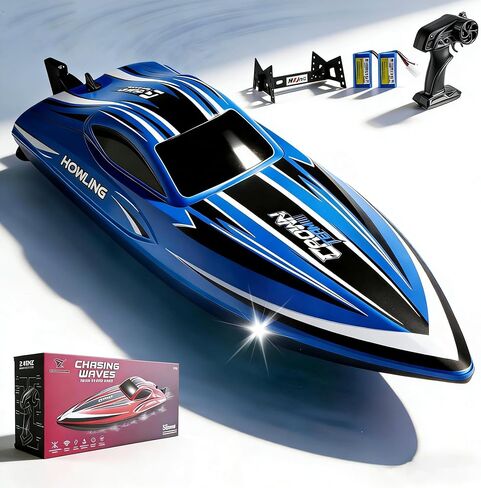 RC Boat for Adults with LED Lights, 35 KPH Remote Control Boat, 2.4Ghz Electric Fast Speed Boat for Adults, 30+ Mins, Self-righting, Demo, Pool Toys for Kids, Radio Controlled Watercraft, Blue, 16inch in Kuwait