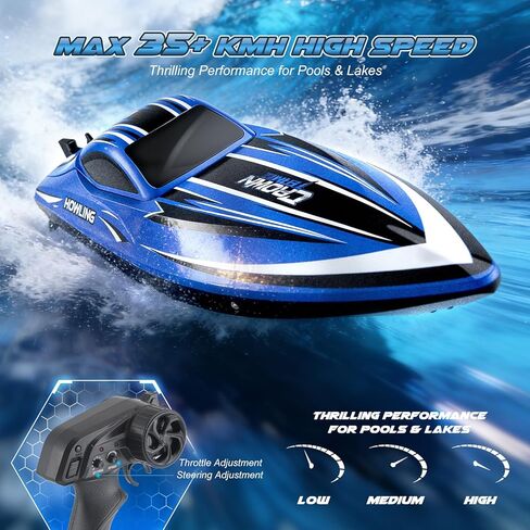 RC Boat for Adults with LED Lights, 35 KPH Remote Control Boat, 2.4Ghz Electric Fast Speed Boat for Adults, 30+ Mins, Self-righting, Demo, Pool Toys for Kids, Radio Controlled Watercraft, Blue, 16inch in Kuwait