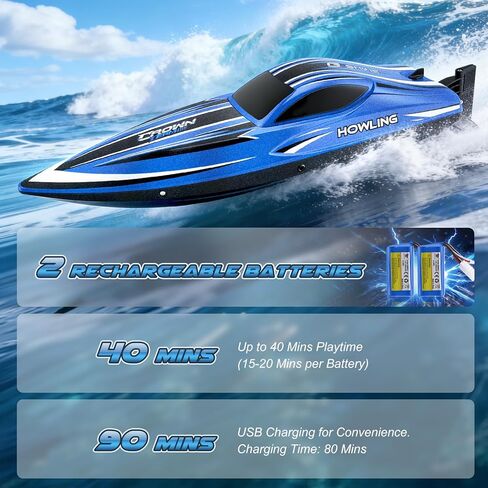 RC Boat for Adults with LED Lights, 35 KPH Remote Control Boat, 2.4Ghz Electric Fast Speed Boat for Adults, 30+ Mins, Self-righting, Demo, Pool Toys for Kids, Radio Controlled Watercraft, Blue, 16inch in Kuwait