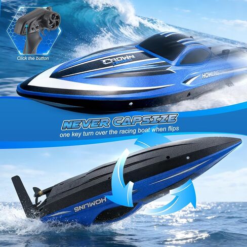 RC Boat for Adults with LED Lights, 35 KPH Remote Control Boat, 2.4Ghz Electric Fast Speed Boat for Adults, 30+ Mins, Self-righting, Demo, Pool Toys for Kids, Radio Controlled Watercraft, Blue, 16inch in Kuwait