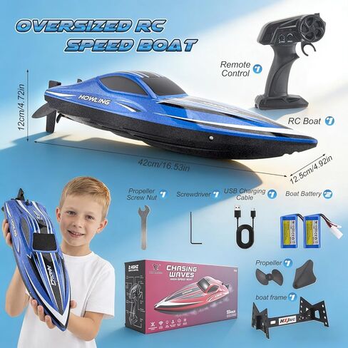 RC Boat for Adults with LED Lights, 35 KPH Remote Control Boat, 2.4Ghz Electric Fast Speed Boat for Adults, 30+ Mins, Self-righting, Demo, Pool Toys for Kids, Radio Controlled Watercraft, Blue, 16inch in Kuwait