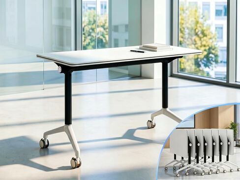 59" Folding Conference Table, Flip Top Mobile Training Table with Lockable Wheels, Modular Meeting Desk Stackable for Office Classroom Training Room Home Office(Set of 1), White in Kuwait