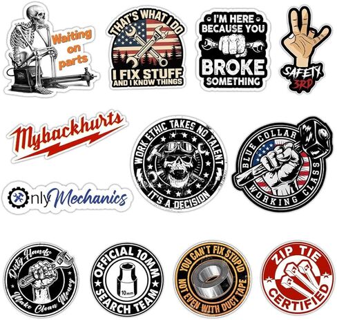 12 Pack Mechanic Stickers, Funny Hard Hat Stickers, 4in - Waterproof Vinyl Decals for Tool Box, Helmet, Laptop, Car Bumper in Kuwait