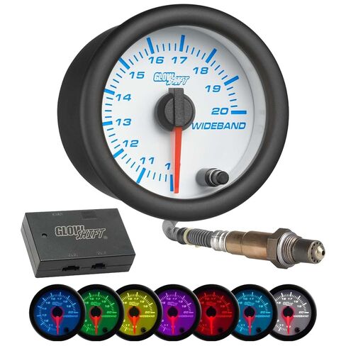 GlowShift White 7 ألوان إبرة تناظرية ذات نطاق عريض لنسبة الهواء/الوقود - مقياس AFR - يتضمن مستشعر الأكسجين، ومخرج تسجيل البيانات وكتلة اللحام - قرص أبيض - عدسة شفافة - 2-1/16 بوصة 52 مم in Kuwait