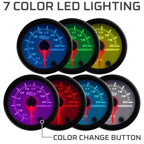 GlowShift White 7 ألوان إبرة تناظرية ذات نطاق عريض لنسبة الهواء/الوقود - مقياس AFR - يتضمن مستشعر الأكسجين، ومخرج تسجيل البيانات وكتلة اللحام - قرص أبيض - عدسة شفافة - 2-1/16 بوصة 52 مم in Kuwait