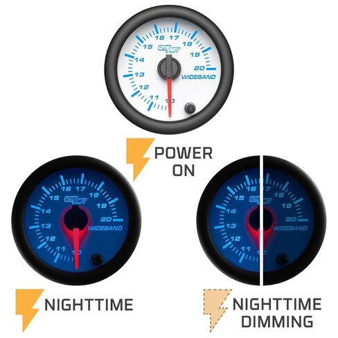 GlowShift White 7 ألوان إبرة تناظرية ذات نطاق عريض لنسبة الهواء/الوقود - مقياس AFR - يتضمن مستشعر الأكسجين، ومخرج تسجيل البيانات وكتلة اللحام - قرص أبيض - عدسة شفافة - 2-1/16 بوصة 52 مم in Kuwait