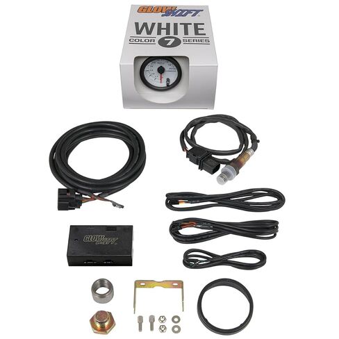 GlowShift White 7 ألوان إبرة تناظرية ذات نطاق عريض لنسبة الهواء/الوقود - مقياس AFR - يتضمن مستشعر الأكسجين، ومخرج تسجيل البيانات وكتلة اللحام - قرص أبيض - عدسة شفافة - 2-1/16 بوصة 52 مم in Kuwait