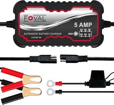 شاحن بطارية ذكي 5A 6V/12V - جهاز صيانة تلقائي FOVAL، شاحن قليل ومزيل الكبريت مع حماية من الشحن الزائد وتعويض درجة الحرارة - لبطاريات الرصاص الحمضية والليثيوم in Kuwait