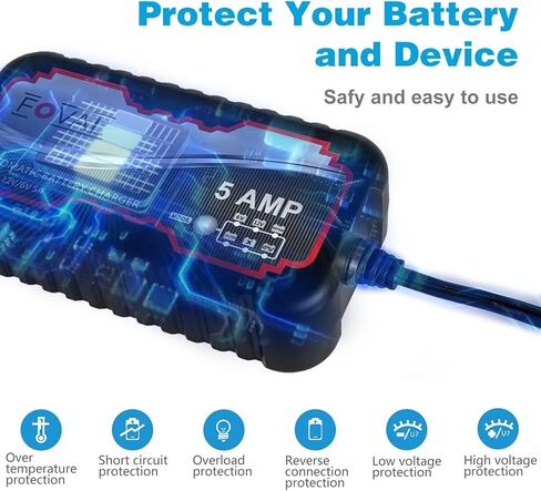 شاحن بطارية ذكي 5A 6V/12V - جهاز صيانة تلقائي FOVAL، شاحن قليل ومزيل الكبريت مع حماية من الشحن الزائد وتعويض درجة الحرارة - لبطاريات الرصاص الحمضية والليثيوم in Kuwait