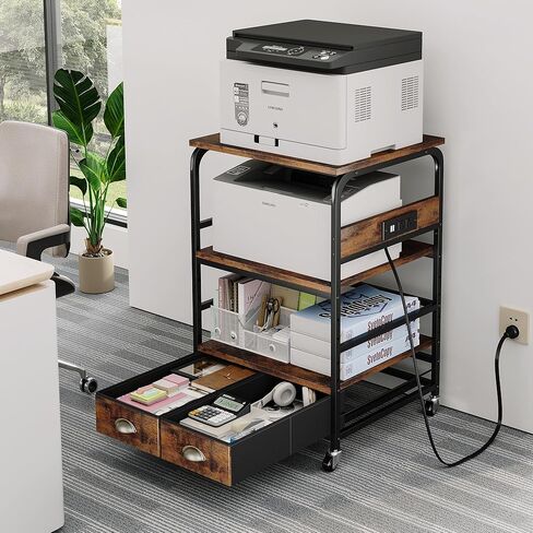 Extra Large Printer Stand with 2 Farbic Drawer, 3 Tier Printer Table with 4-Adjustable Heights, Rolling Printer Cart with Storage for Printer Scanner Fax Home Office Use, Rustic Black and Brown in Kuwait