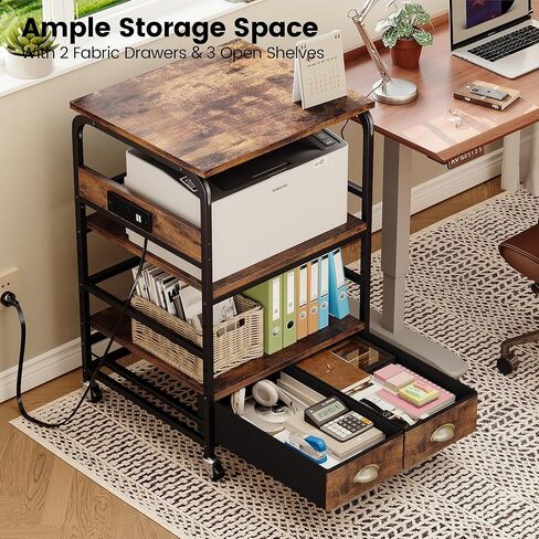 Extra Large Printer Stand with 2 Farbic Drawer, 3 Tier Printer Table with 4-Adjustable Heights, Rolling Printer Cart with Storage for Printer Scanner Fax Home Office Use, Rustic Black and Brown in Kuwait