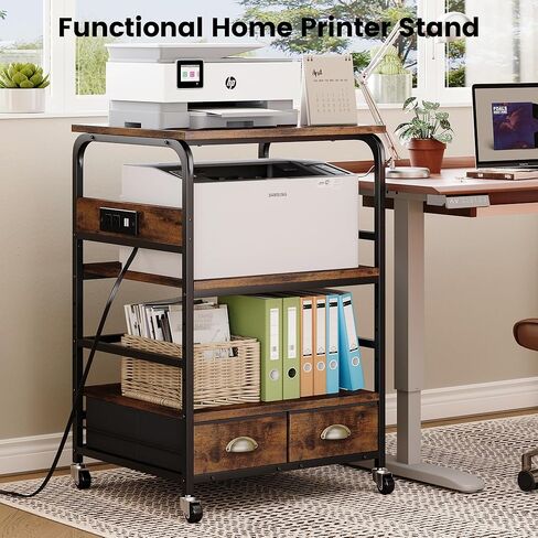 Extra Large Printer Stand with 2 Farbic Drawer, 3 Tier Printer Table with 4-Adjustable Heights, Rolling Printer Cart with Storage for Printer Scanner Fax Home Office Use, Rustic Black and Brown in Kuwait
