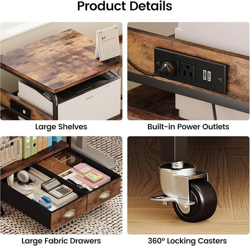 Extra Large Printer Stand with 2 Farbic Drawer, 3 Tier Printer Table with 4-Adjustable Heights, Rolling Printer Cart with Storage for Printer Scanner Fax Home Office Use, Rustic Black and Brown in Kuwait