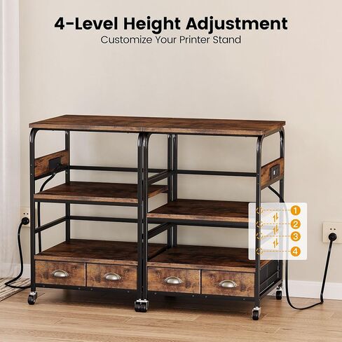 Extra Large Printer Stand with 2 Farbic Drawer, 3 Tier Printer Table with 4-Adjustable Heights, Rolling Printer Cart with Storage for Printer Scanner Fax Home Office Use, Rustic Black and Brown in Kuwait
