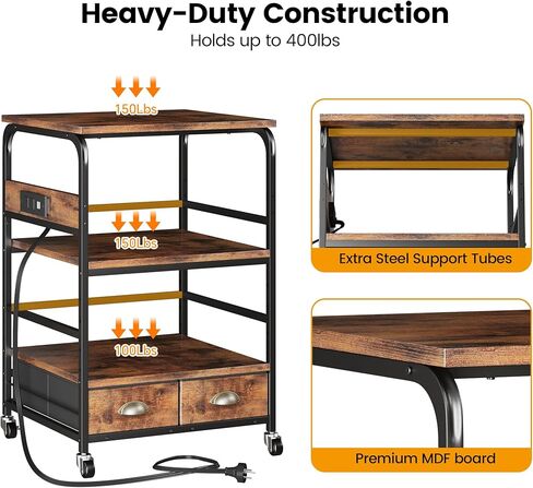 Extra Large Printer Stand with 2 Farbic Drawer, 3 Tier Printer Table with 4-Adjustable Heights, Rolling Printer Cart with Storage for Printer Scanner Fax Home Office Use, Rustic Black and Brown in Kuwait