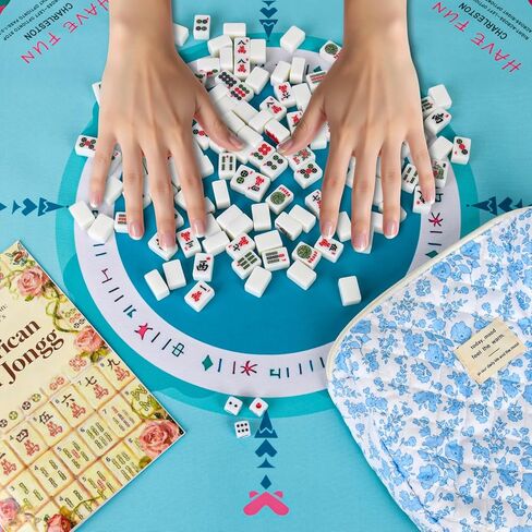 Travel American Mahjong Tile Set | 166 PCS 0.8 Inch Mini Mahjong Game Tiles, 4 Wooden Racks, Floral Storage Bag, 3 Dice & Beginner's Guide, Complete Portable Set in Kuwait
