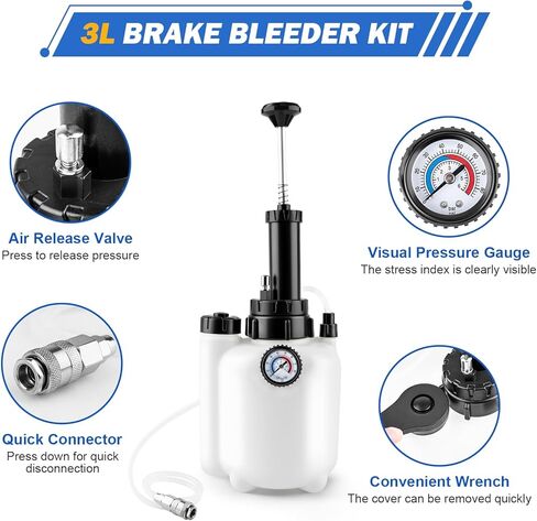3L Manual Brake Bleeder Kit, One Person Brake Fluid Bleeding Vacuum Pump with 1L Catch Bottle and 4 Master Cylinder Adapters for Brake & Clutch System, Suitable for Most Vehicles in Kuwait
