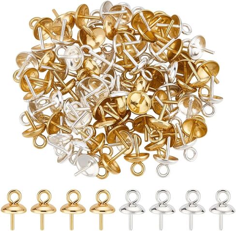 120Pcs Eye Pin Bail Peg 2 Color Stainless Steel Eye Pinch Bail Cup Pearl Connector for Half Drilled Beads Charms Pendants Jewelry Making Findings Accessory Supplies Necklace in Kuwait