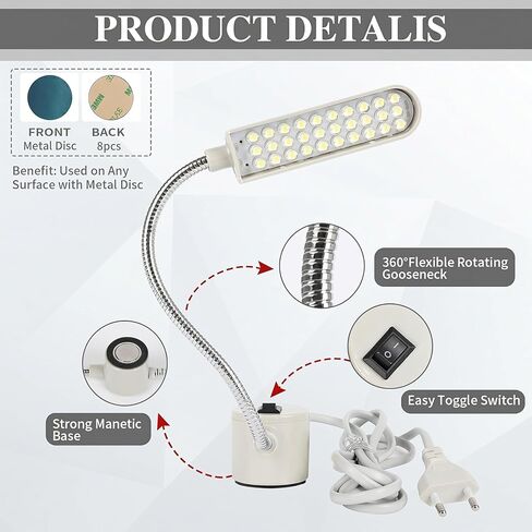 4 Pcs Sewing Machine Light with 30 LEDs - Multifunctional 3W Magnetic Gooseneck Arm Work Light with Base for Lathe, Drill Press, Workbench(EU Plug) in Kuwait