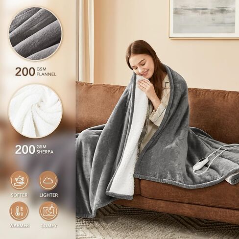 Homemate Heated Blanket Electric Throw - 50"x60" Heating Blanket Throw 1/2/4/6/8 Hours Auto-Off 10 Heat Level Over-Heat Protection Flannel Sherpa ETL Certification in Kuwait
