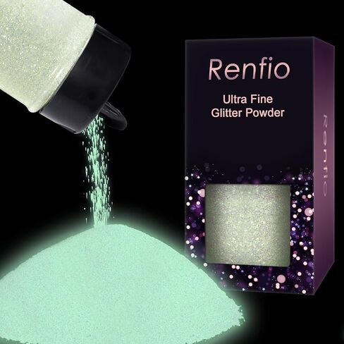 Renfio Glow in The Dark Glitter, 1.94oz 55g Luminous Ultra Fine Glitters Powder Glowing Glitter Epoxy Resin PET Flake 1/128" Halloween for Craft Supplies Tumbler Slime - White to Green in Kuwait