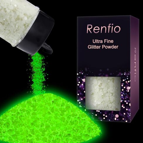 Renfio Glow in The Dark Glitter, 1.94oz 55g Luminous Ultra Fine Glitters Powder Glowing Glitter Epoxy Resin PET Flake 1/128" Halloween for Craft Supplies Tumbler Slime - White to Green in Kuwait