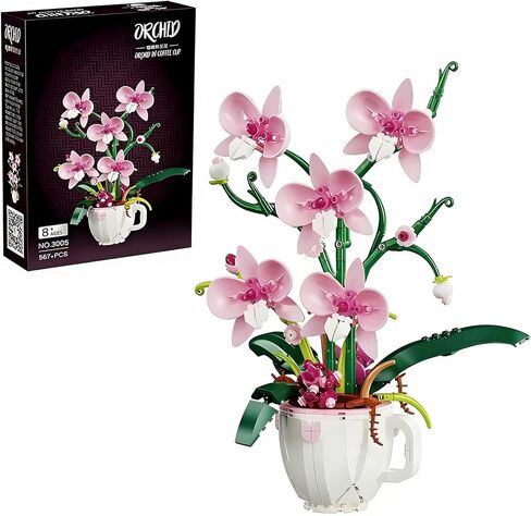 Pink Orchid Everlasting Flower Building Block Set, 567PCS Unfading DIY Decor Kit, Stress Relief Brick Toy for Home Office, Birthday Gift for Mom & Adult Flower Lovers in Kuwait