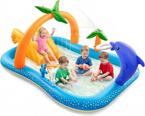 حمام سباحة للأطفال مع منزلق قابل للنفخ في مركز لعب Wading Lounge للأطفال، مرش نخيل جوز الهند، مركز لعب ألعاب مائية 95 بوصة × 75 بوصة × 40 بوصة، أزرق in Kuwait